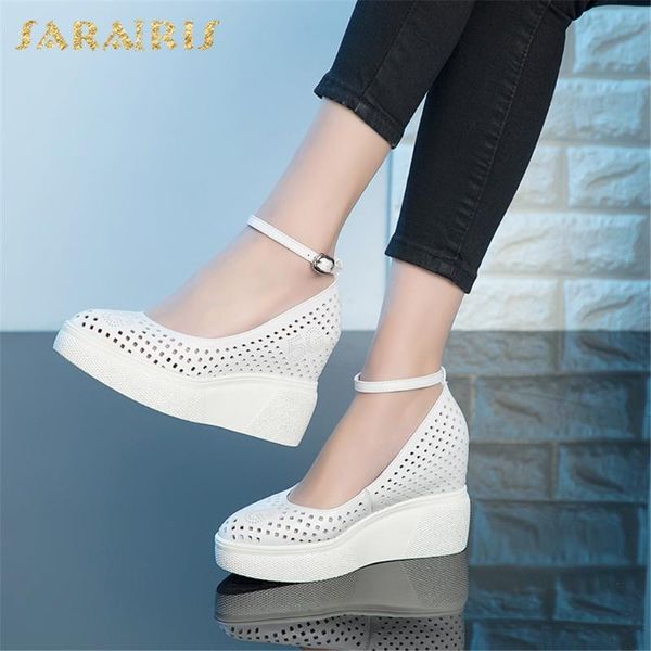 

sarairis 2020 lesiure platform genuine leather skin ladies shoes woman pumps high heels summer wedges ankle-strap sandals woman, Black
