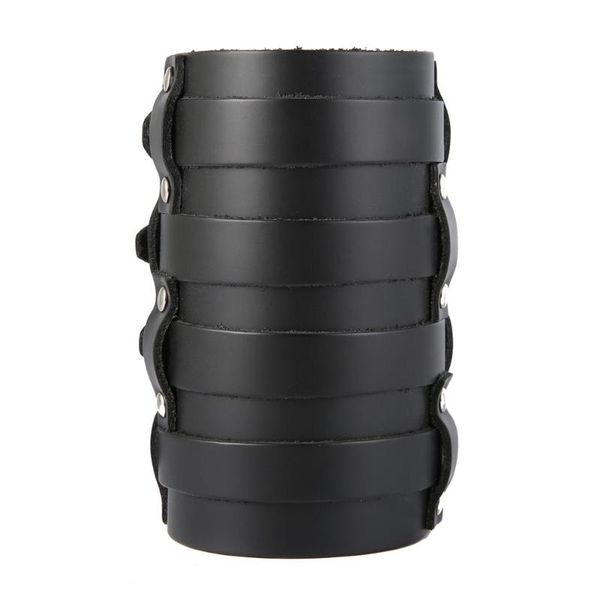 

hzman mens leather wide triple strap cuff wrap gauntlet wristband buckle fastening arm armor cuff 4 rows, Black