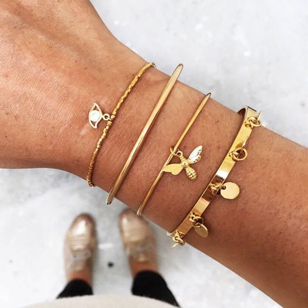 

4 pcs/set bohemian vintage butterfly sequins geometric gold bracelets for women trendy bangle bracelet jewelry gifts, Black