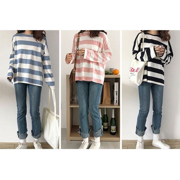 

women's t-shirt striped loose t shirt korean style wild oversized tshirt women student long sleeve 2021 clothes, White