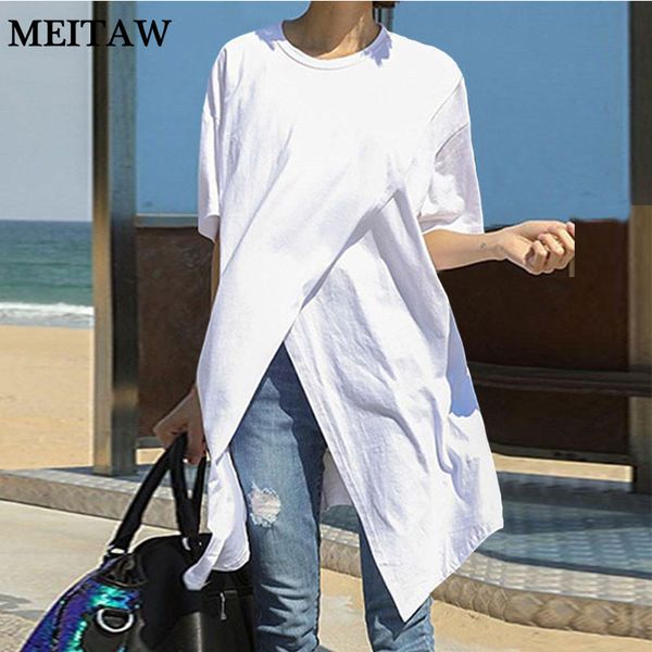 

women chic bohemian white shirt summer casual short sleeve round neck blouse shirts 2020 split hem party
