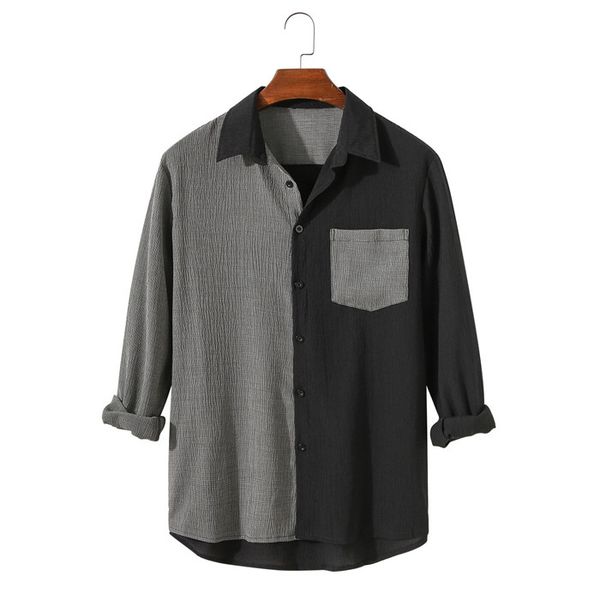 

loose men casual shirts back gray patchwork long sleeve lapel neck man clothing fashion autumn mens designer shirts, White;black