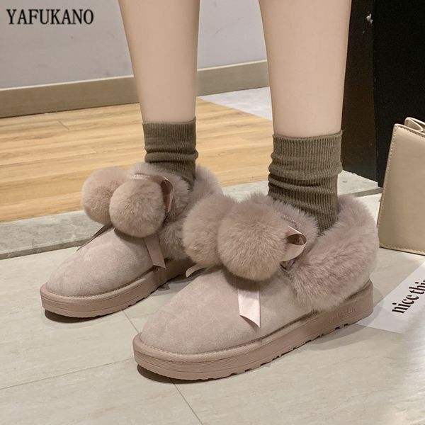 

cute furry hairball butterfly-knot snow boots womens winter plus velvet warm ankle boots black round toe non-slip cotton shoes