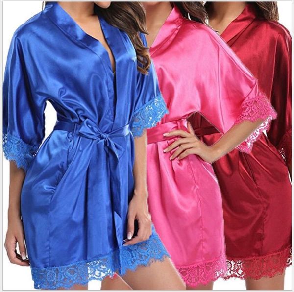 La migliore vendita Moda Abito pigiama sexy Lingerie con vestaglia Camicia da notte in pizzo a maniche lunghe con cintura Indumenti da notte Accappatoio da donna in raso da damigella d'onore