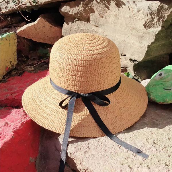 

summer sun hat for women straw hat for beach girls female sunscreen bow-knot travel vacation folding, Blue;gray