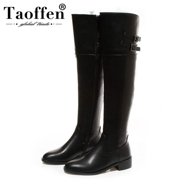 

boots taoffen ladies 2021 arrival knight zipper buckle over the knee flats shoes woman female botas size 33-44, Black