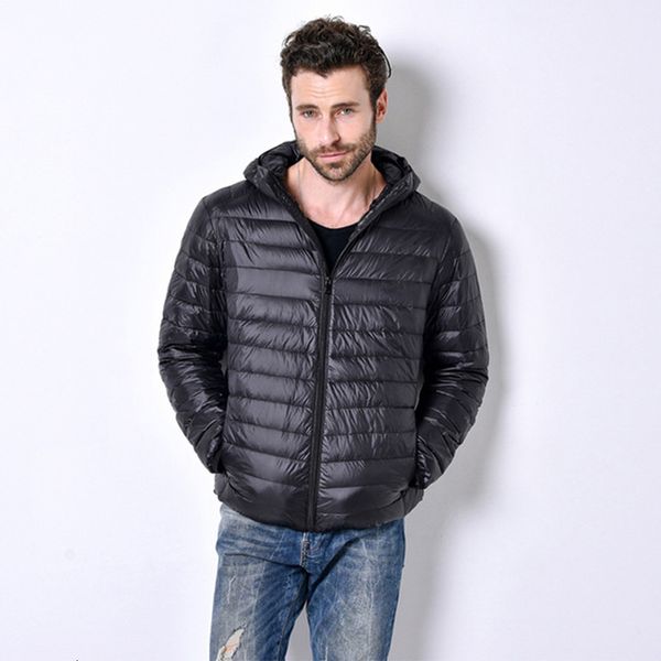 

new high-end warm fashion for men feather hooded down jacket pure color boutique mens hooded down coat thin light jackets 5xl, Black;white