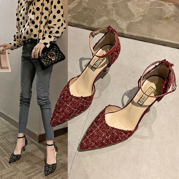 

new summer women's belt with single shoes korean version of baotou sandals women's fine high heel with increased shoes, Black