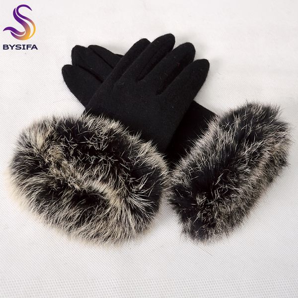 

bysifa] autumn winter luxury women wool cashmere gloves fashion brand rabbit fur wool mitten gloves grade elegant scarves, Blue;gray