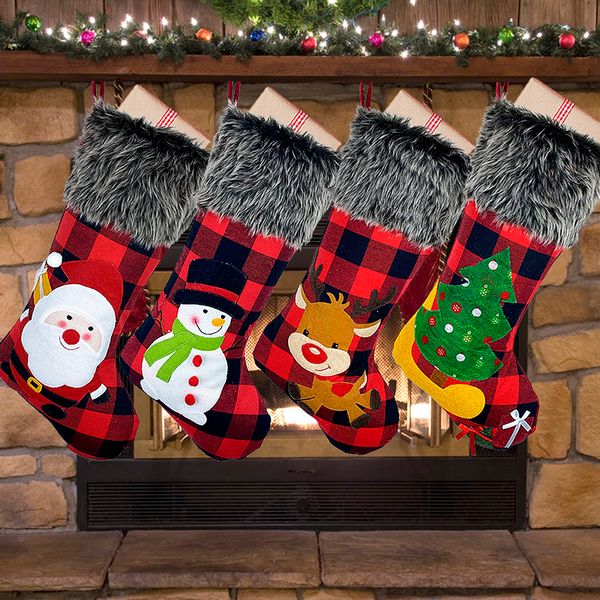 

christmas stockings red plaid stocking santa claus gift hanging stockings knit border xmas party decor christmas tree ornaments home decor