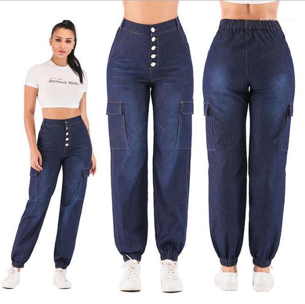 

брюки повседневная женщины брюки 2020 женские джинсы дизайнер моды мульти кнопка карман высокой талией тонкий карандаш, Blue