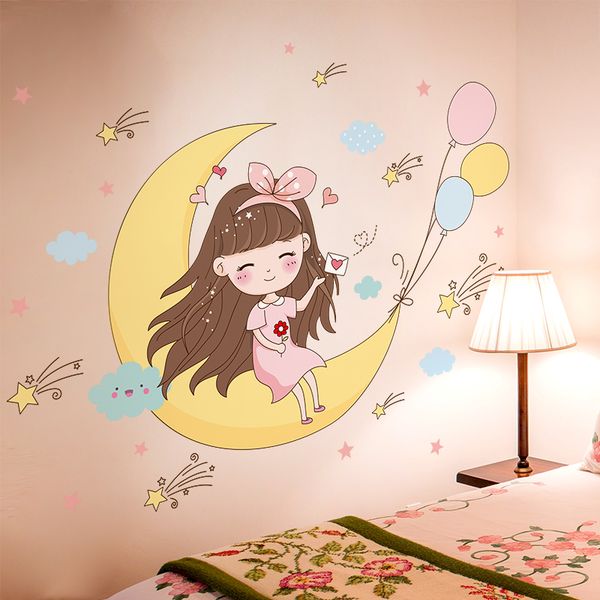 

[shijuekongjian] cartoon girl wall stickers diy stars moon balloons mural decals for kids rooms baby bedroom house decoration