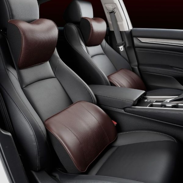 

genuine leather car neck pillow set memory foam auto headrest lumbar seat supports cushion universal back accessories