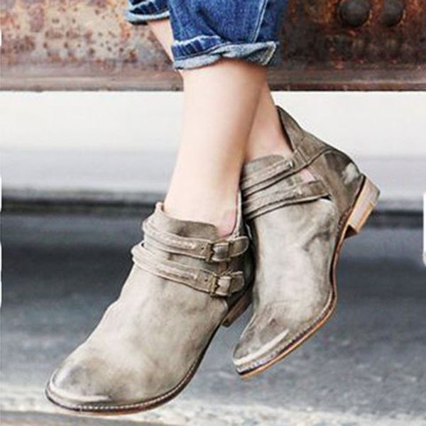 

women ankle boots chaussure booties vintage pu leather plus size low heels buckle matin shoes woman zapatos mujer sapato d1755, Black