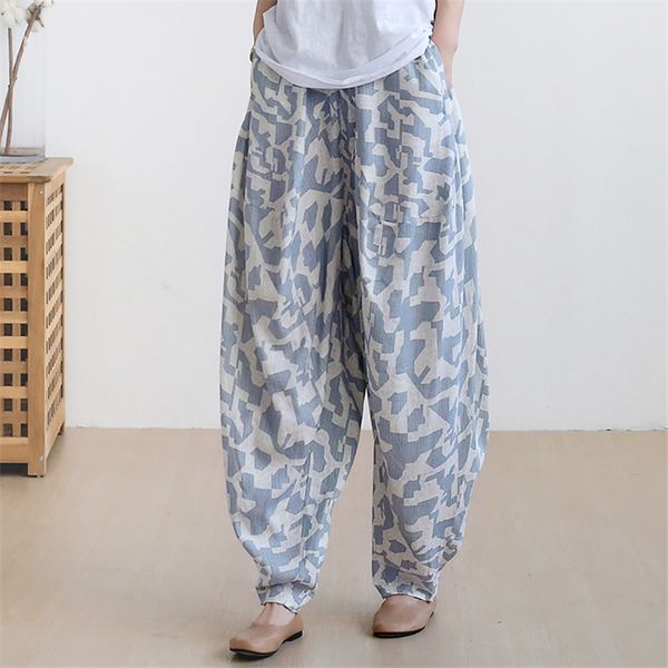 

qpfjqd women retro linen wide leg pants print floral pockets loose spring autumn female clothes casual elastic waist trouser, Black;white