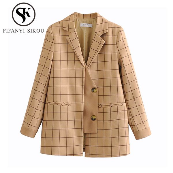 

fashion plaid blazers coat women notched collar long sleeve khaki suit jacket coat female office casual blazer jacket outerwear, White;black