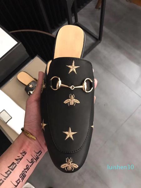 

luxury mules princetown leather loafers mens muller slipper shoe black star small bee metal chain men wonen fur slippers ladies casual l14