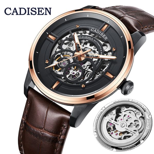 

cadisen skeleton men watch business luxury mechanical automatic watch men miyota 8n24 sport watches for relogio masculino, Slivery;brown