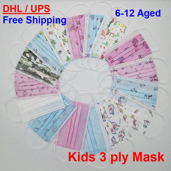 

16 factroy wholesale 3ply 6-12 aged kid cartoons colorful non-woven 99% meltblown student 3 ply children mask dhl ing