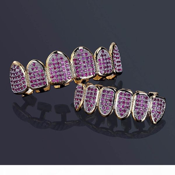 

new custom fit hip hop gold teeth grillz caps micro pave fuchsia cubic zirconia & bottom grills set for christmas gift, Black