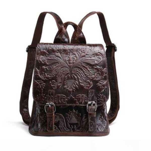 

new women vintage embossed backpack genuine leather daypack shool bag cowhide knapsack ladies travel rucksack j193