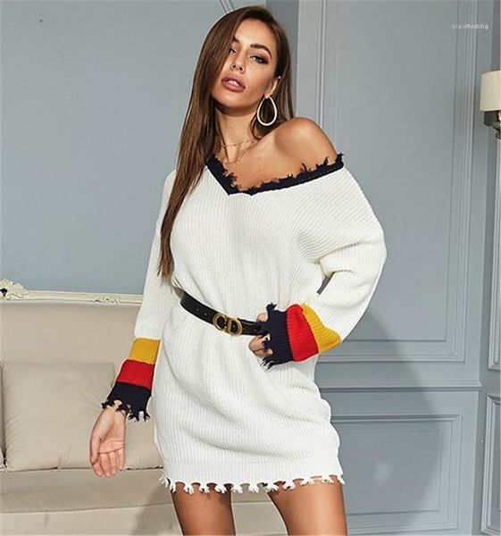 

knitted tassel sweater womens designer patchwork sweater striped long sleeve v-neck fashion autumn winter loose clothing womens casual, White;black