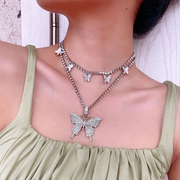 

luxury rhinestones chains butterfly pendant choker necklace shiny sparkling bling hip hop party fashion jewelry necklace gift, Silver