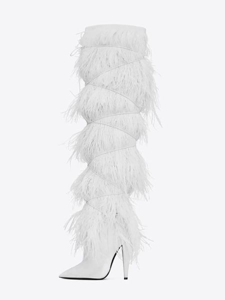 

boots winter fashion full feather over knee cross-tied zipper pointed toe thin high heels stilettos long botas shoes woman, Black