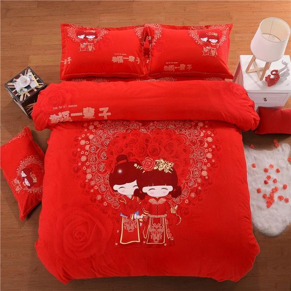 

2020 luxury 100% cotton sweet lover wedding bedding set printed soft duvet cover bed sheet pillowcases  king size jpcs