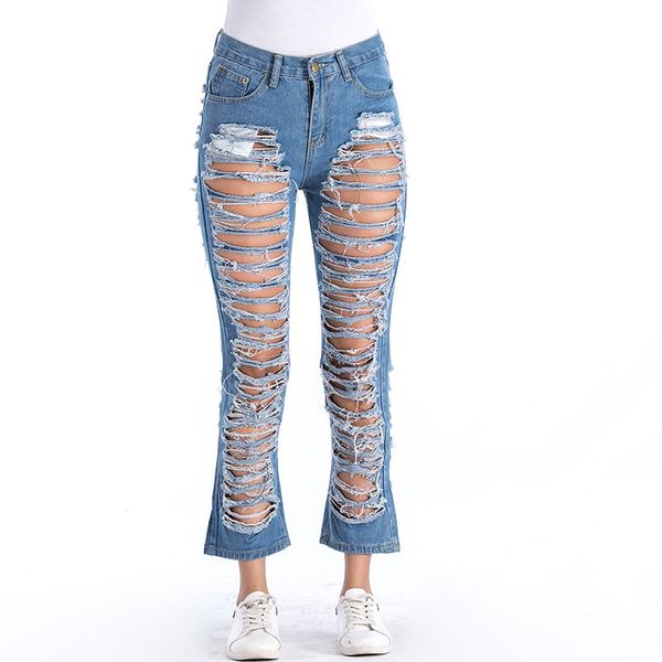 

2020 high waist female ripped jeans pencil hole pants casual trousers ankle length vintage stretch loose harem women jeans, Blue