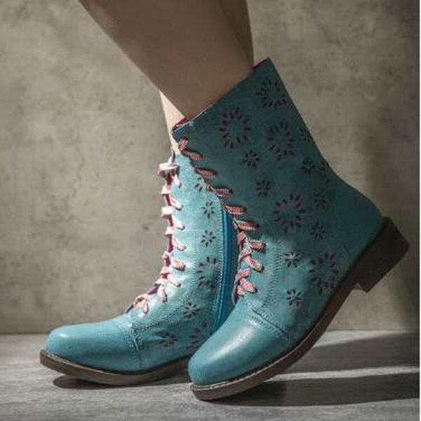 

women mid-calf boots chaussure booties pu leather plus size low heels gladiator lace up shoes woman zapatos mujer sapato d1681, Black