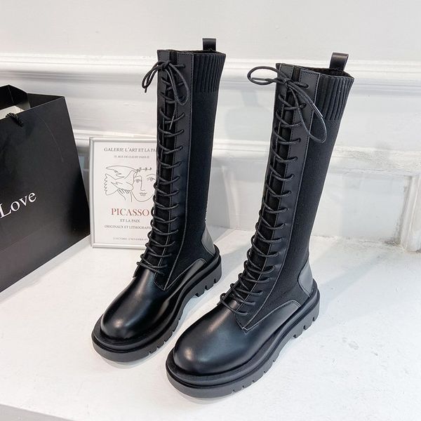 

women boots heighten platforms thigh high tessals boots motorcycle lace up winter shoes women solid, Black