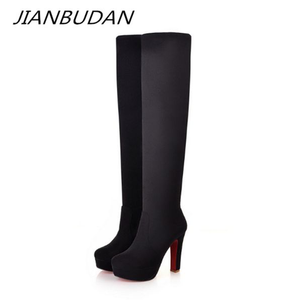 

jianbudan/ 2020 new women's suede knee-high boots super high platform autumn stretch boots female thigh size 34-39, Black