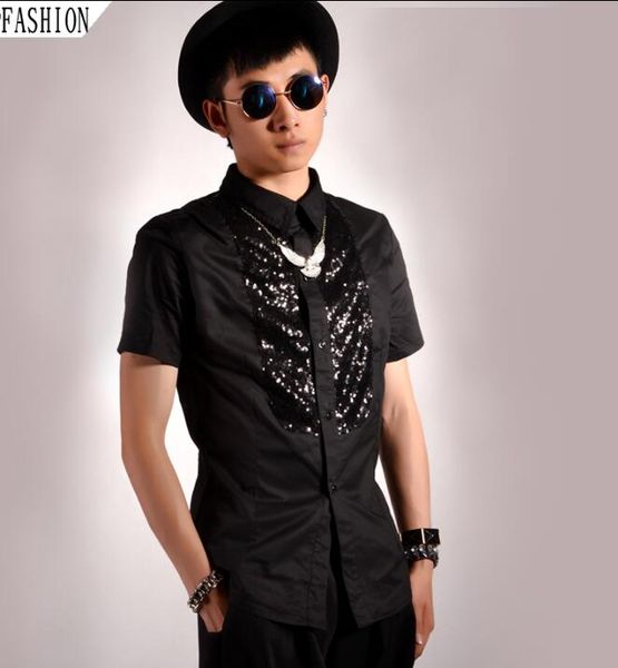 

sequin splicing fashion punk slim shirt men short sleeve shirt korean mens personality stage singer dance black, White;black