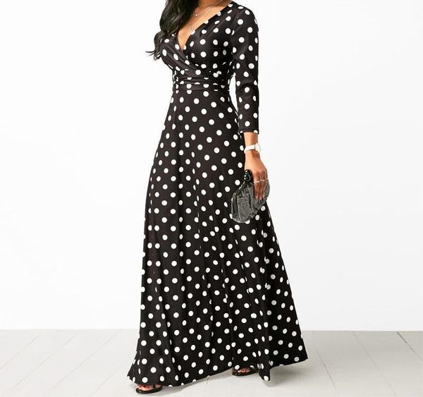 

women polka dot long sleeve boho dress elegant vintage women dresses evening party v neck maxi long dress fashion ladies003, Black;gray
