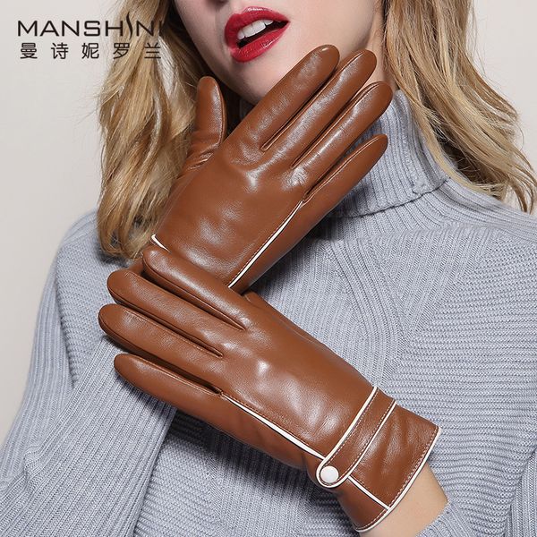 

2020 winter women' genuine leather gloves thicken keep warm sheepskin gloves touch screen winte telefingers mlz009, Blue;gray
