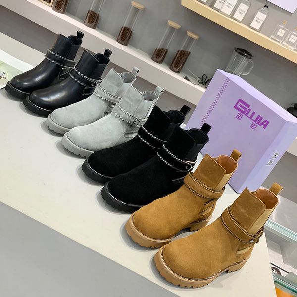 

guji new high-shoes, leather, martin boots, trendy, versatile, thick-soled high-shoes, slimming british style ankle boot, Black