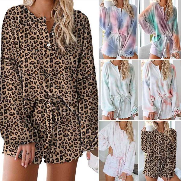 

women casual tie-dye pajamas long-sleeve tracksuit suit home two-piece sets, Gray