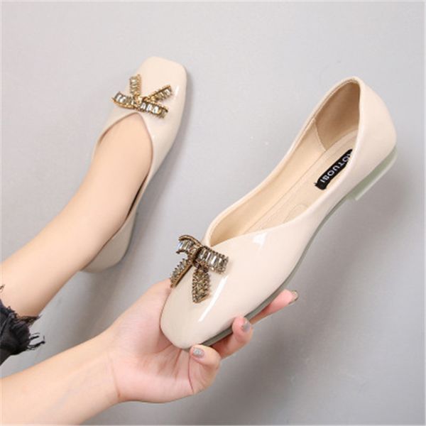 

summer comfortable square toe soft base patent leather shallow mouth casual casual all-match bow ladies single shoes, Black