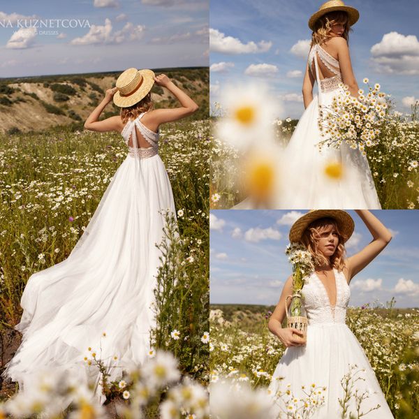 

2021 lace wedding dresses v neck sleeveless appliques bridal gowns custom made backless sweep train a line wedding dress robe de mariee, White