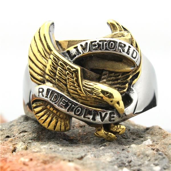 

mens boys 316l stainless steel punk gothic eagle biker rider to live biker ring design, Golden;silver