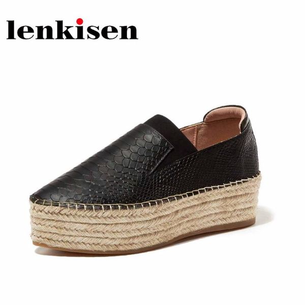 

lenkisen new recommend full grain leather veins pointed toe flat platform elastic band breathable straw bottom women shoes l02, Black