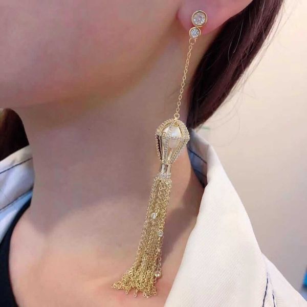 

Fashion cz zircon tassel gold chain diamond earring Romantic freshwater pearl earring for women Removable crystal earring silver 925 jewelry