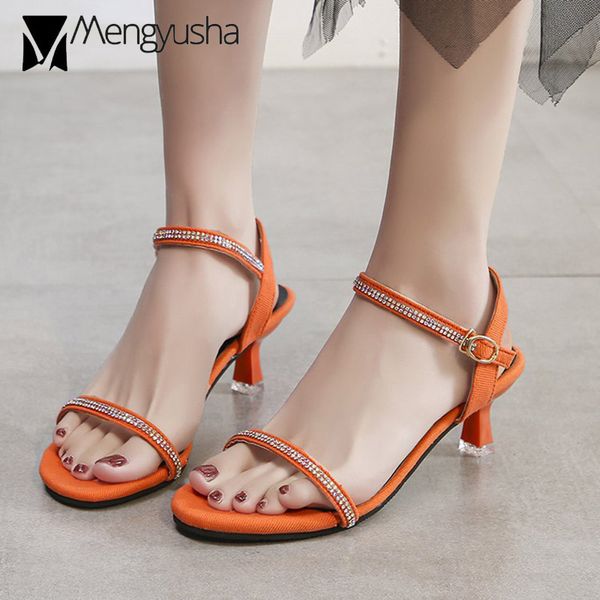 

44 big size strange kitten heel rhinestone sandals women crystal wedding shoes narrow band ankle strap gladiator sandalias mujer, Black