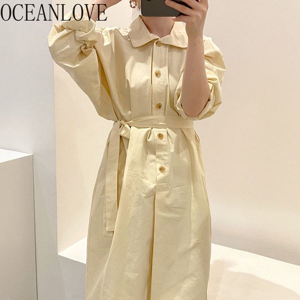 

oceanlove korean bandage shirt dress women solid long sleeev autumn vintage vestidos single breasted pleated long dresses 17991, Black;gray