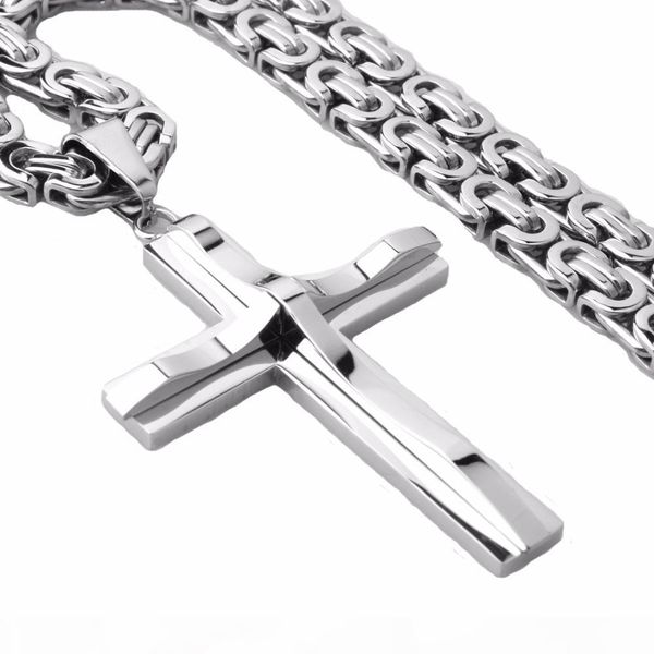 

granny chic silver color multilayer cross pendant necklace for men stainless steel byzantine chain men's pendant jewelry