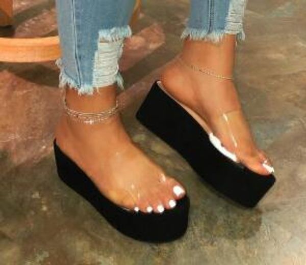 

2020 waterproof platform high heel pvc spring summer new women outdoor beach sandals color printing non-slip slippers ladies, Black