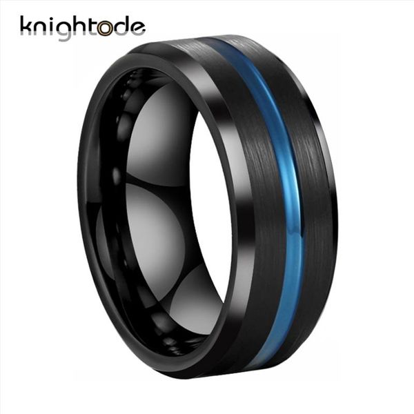 

8mm men tungsten wedding band black plated brushed finish with blue groove beveled tungsten carbide rings, Golden;silver