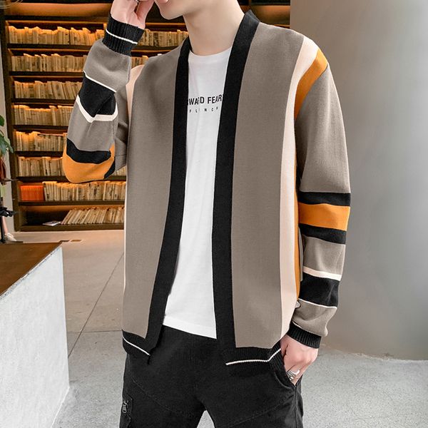 

2020 autumn new sweaters fashion loose color matching sweater business casual cardigan long sleeve trendy men's sweater coat, White;black