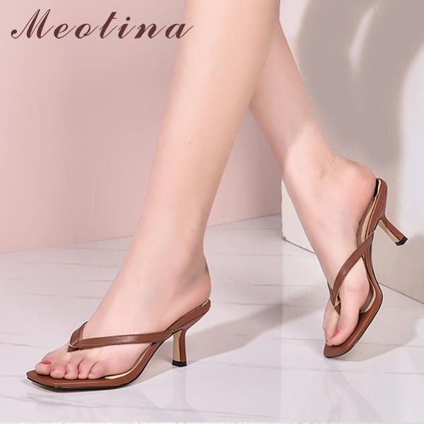 

meotina summer slippers women shoes natural genuine leather thin high heel shoes cow leather flip flop slides lady sandals 34-43, Black